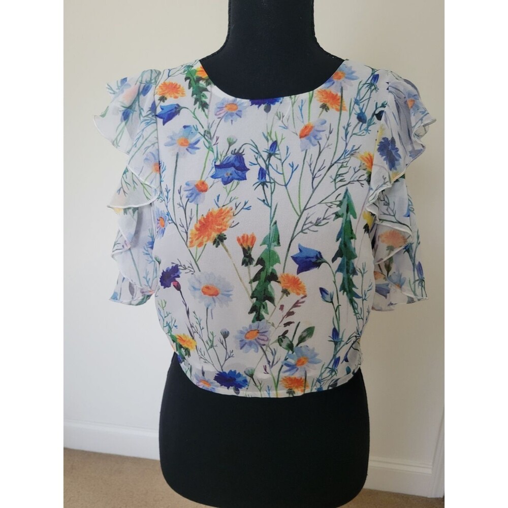 Jenn Floral Ruffle Crop Blouse Multi Botanical Flutter Cold Shoulder Sleeve - S
